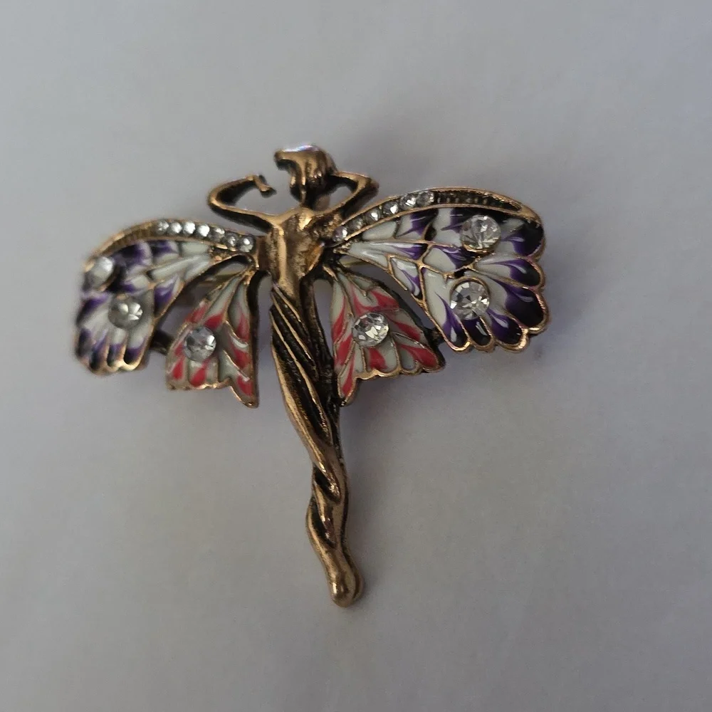 Fairy Brooch Beautiful WINGS Antique Gold Enamel Colors Necklace Combo